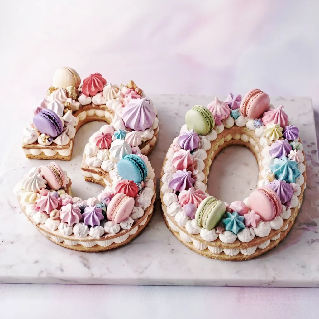 Number cake 30 décoré de macarons et de meringues colorées